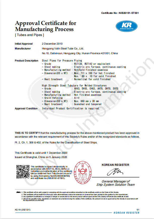 KR Certificate for Structural Steel Pipes